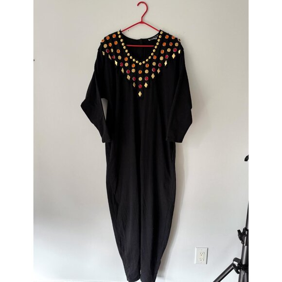 80s black embellished funky crazy one piece long sleeved cotton pant jumpsuit - Picture 8 of 9